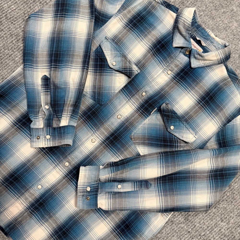 Carhartt Mens Relaxed Fit Flannel Shirt Blue White Plaid Pearl Snap Large